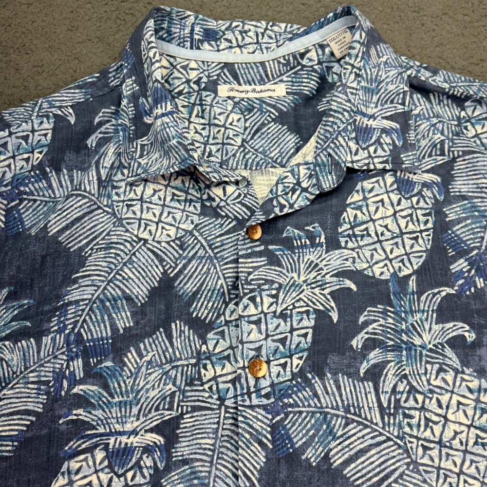 Tommy Bahama Shirt Mens XXXLT Blue Pineapple Silk Blend Short Sleeve Button Down